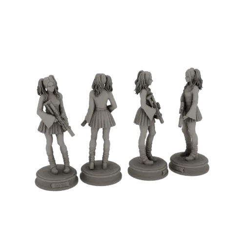 3D render of a grey anime girl miniature holding a sniper rifle, shown from multiple angles.