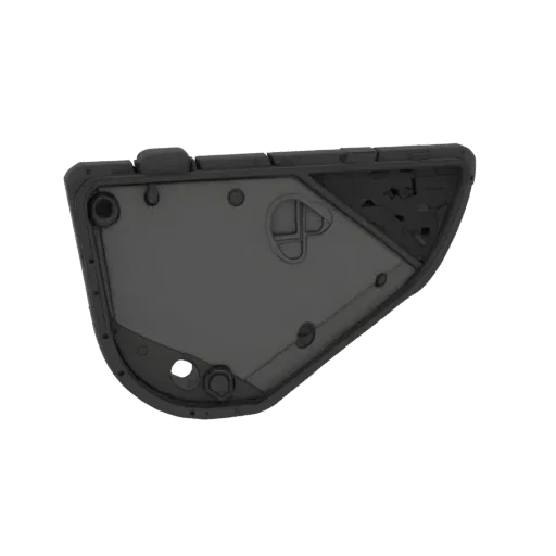 3D model of a dark gray geometric phone case, viewed from the interior, showing intricate structural details and mounting poi