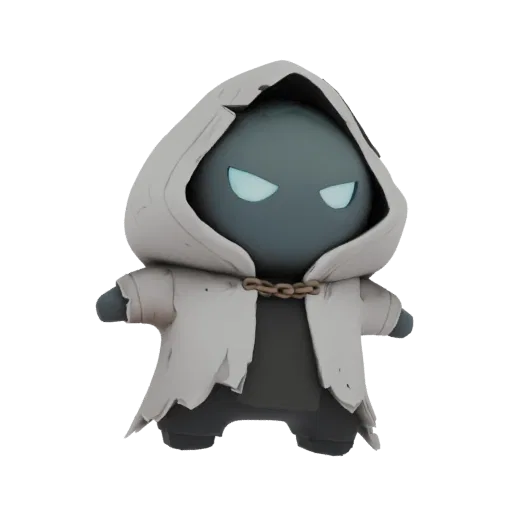 3D model of a mysterious hooded figure with glowing blue eyes and a tattered white cloak, standing against a black background