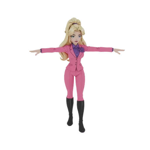 3D model of a stylized woman with blonde hair, wearing a pink business suit and purple blouse, standing with arms outstretche