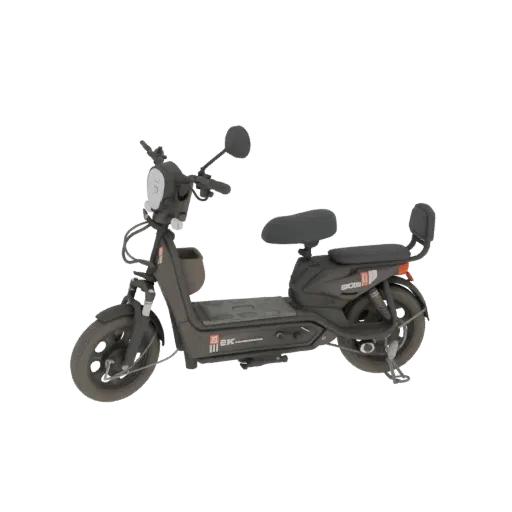 3D model of a dark grey electric scooter with handlebars, seat, and wheels, set against a black background.