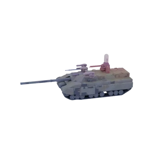 3D model of a modern main battle tank with digital camouflage, viewed from the side.