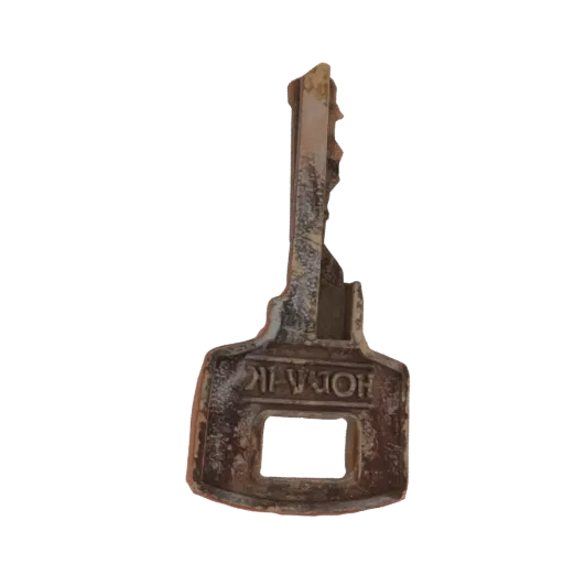 3D model of an old, weathered skeleton key with 'HODAK' engraved on its bow, set against a black background.