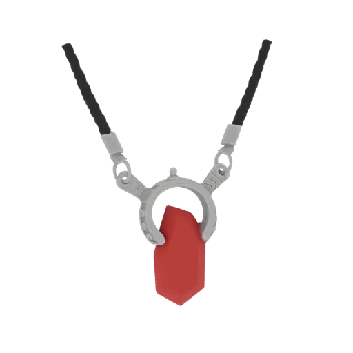 3D model render of a pendant necklace with a red crystal and a grey metallic frame, suspended on a black cord.