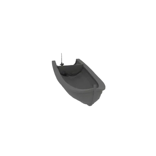 A 3D model of a small, grey, weathered rowboat with visible plank details and a simple interior, set against a black background.