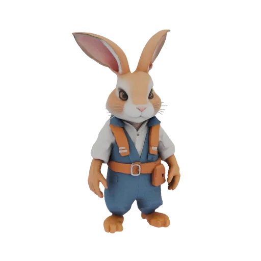 3D model of an anthropomorphic rabbit character dressed as a builder, wearing blue overalls and an orange tool belt.