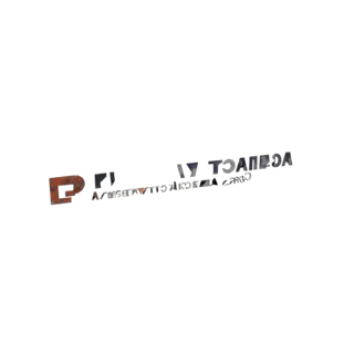 Modèle 3D de logo texte distordu avec texture métallique, apparaissant fragmenté et glitchy.