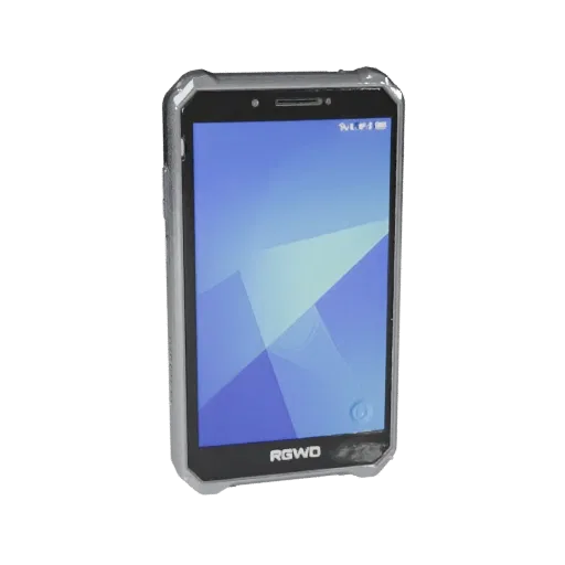 Rugged Gaming Phone Low Poly 3D model, game viewport three-quarter view, showing glass screens, thin device proportions.