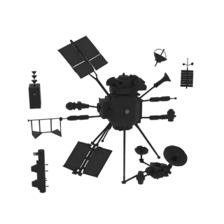 Modelo 3D imprimível Sonda Espacial de Navegação, renderização isométrica STL, mostrando painéis solares, silhueta da nave es