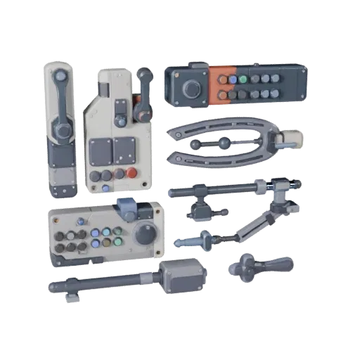 Modern Control Lever Stylized 3D model, stylized isometric render, showing metal hinges, clear interaction affordances.