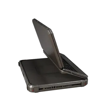 Rugged Convertible Notebook Realistic 3D model, three-quarter studio render, showing brushed metal, open lid angle.