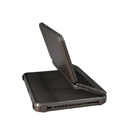 Rugged Convertible Notebook Realistic 3D model, three-quarter studio render, showing brushed metal, open lid angle.
