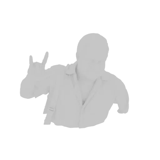 3D model of a man wearing a collared shirt and making the 'rock on' hand gesture with his left hand, rendered in a light gray