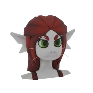 3D model render of a stylized red-haired feline character bust with large green eyes and white whiskers.