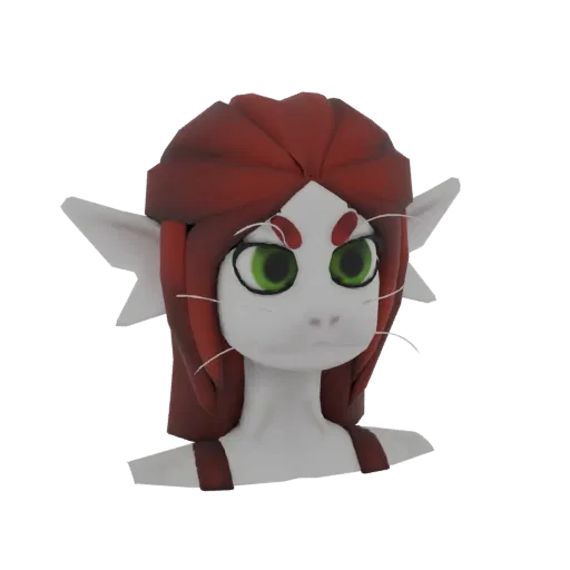 3D model render of a stylized red-haired feline character bust with large green eyes and white whiskers.