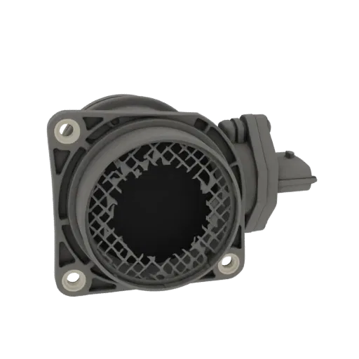 3D model of a gray Mass Air Flow (MAF) sensor housing with a square mounting flange and internal grid detail.