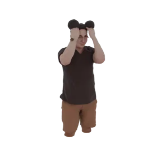 Modelo 3D de un hombre con expresión de angustia, con orejas de Mickey Mouse y sosteniendo la cabeza.