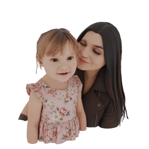 Modelo 3D generado por IA de una madre con cabello oscuro abrazando a un niño pequeño con cabello rubio, ambos sonriendo cáli