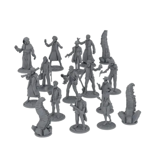A collection of 3D printed miniatures depicting Victorian adventurers and eldritch horrors, posed dynamically against a white