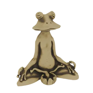 A 3D render of a beige-colored frog figurine meditating in a lotus position, with its eyes closed and hands resting on its kn