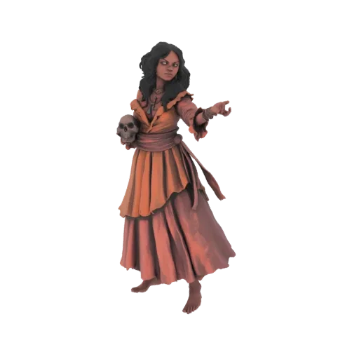 3D render of a mystic woman with dark hair, wearing orange and rust robes, holding a human skull.
