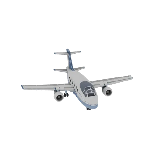 3D model of a twin-engine passenger jet, painted blue and white, on a black background.