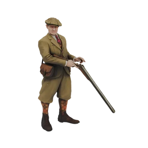 3D model of a Victorian hunter in tweed, holding a shotgun, with a satchel slung over his shoulder.