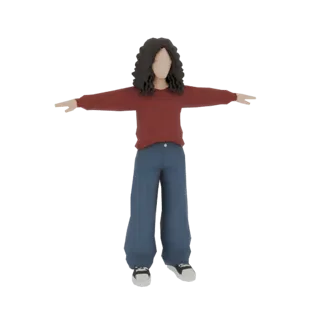 Modelo 3D de mujer joven con cabello rizado oscuro, vistiendo un suéter rojo y pantalones anchos azules, de pie con los brazo