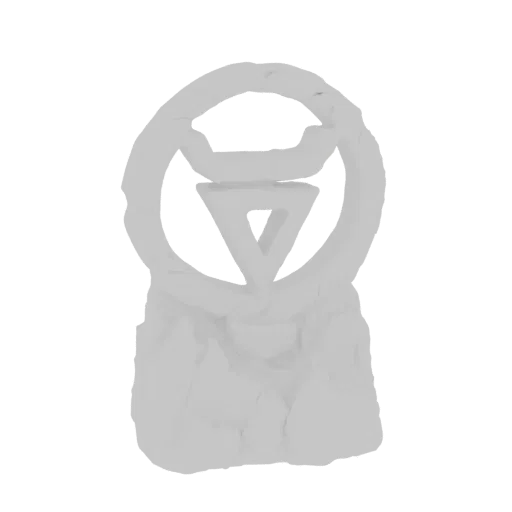 Modèle 3D d'un monolithe de pierre patiné, gris clair, avec une rune circulaire et un symbole triangulaire, sur fond blanc.