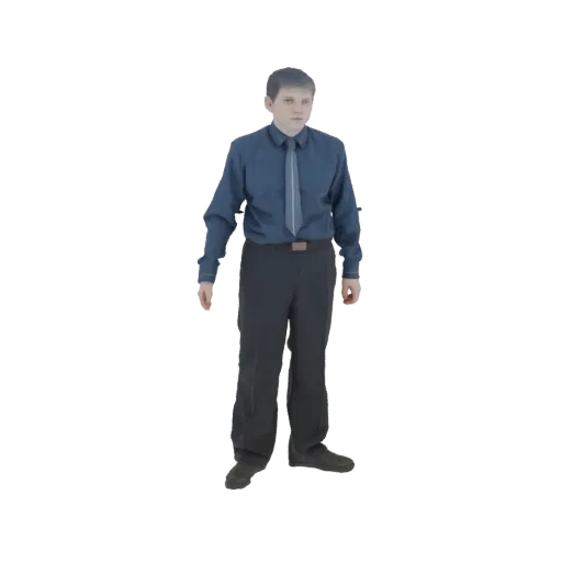 3D model of a man wearing a blue dress shirt and dark trousers, standing with his hands at his sides.