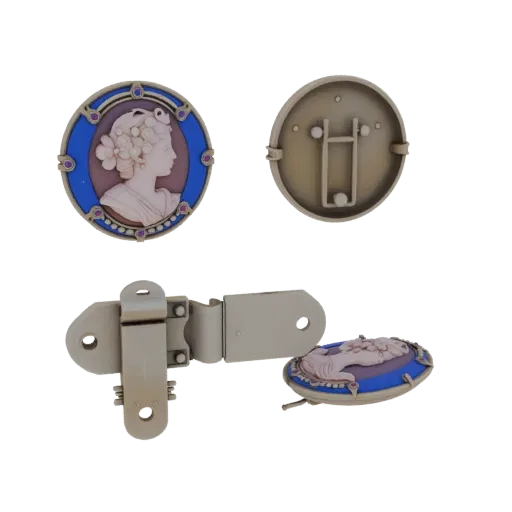 Gold Vintage Cameo Brooch 3D model, three-quarter front view, AR viewer studio render, gold finish.