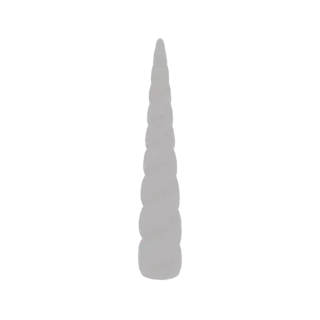 Ein 3D-Rendering eines einzelnen, spiralförmigen Einhorn-Horns mit matter grauer Oberfläche, das aufrecht auf weißem Hintergr