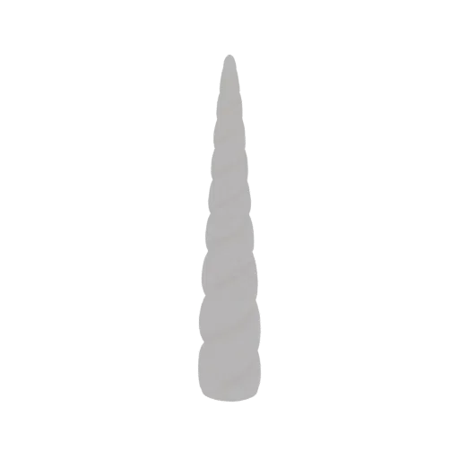 Una renderización 3D de un solo cuerno de unicornio en espiral con acabado gris mate, de pie contra un fondo blanco.