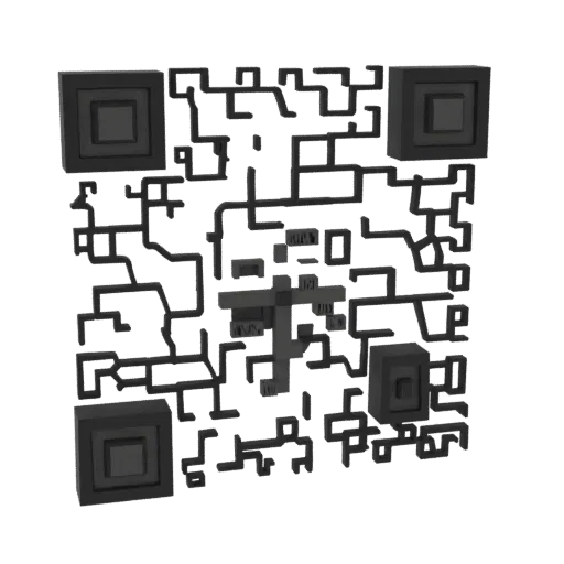 Ein 3D-Rendering eines stilisierten QR-Codes, der aus dunklen, geometrischen Blöcken vor einem weißen Hintergrund besteht.