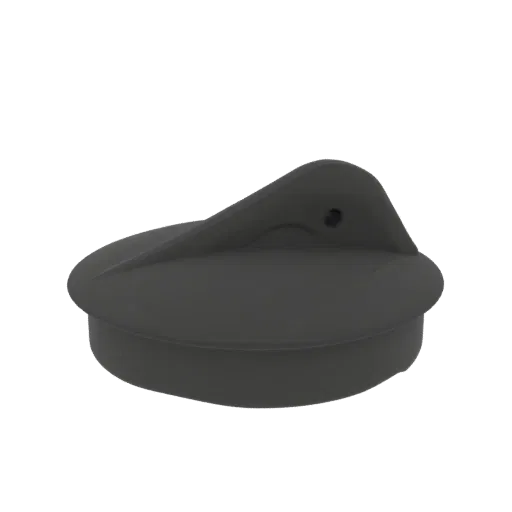 A 3D render of a black bathtub stopper with a curved handle, isolated on a white background.