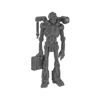 Modelo 3D wireframe de robot retro sci-fi con maletín, unidades en hombros y detalles mecánicos.