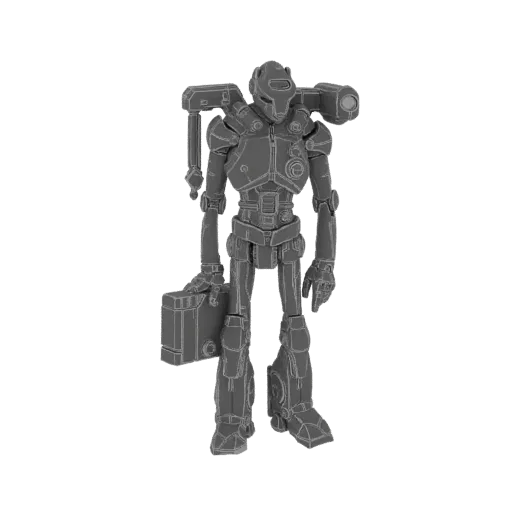 Drahtgitter 3D-Modell eines Retro-Sci-Fi-Roboters mit Aktenkoffer, mit prominenten Schultereinheiten und mechanischen Details