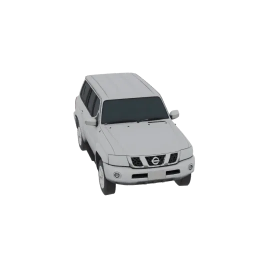 A 3D model of a white Nissan Patrol SUV, viewed from a slightly elevated front-right angle against a white background.