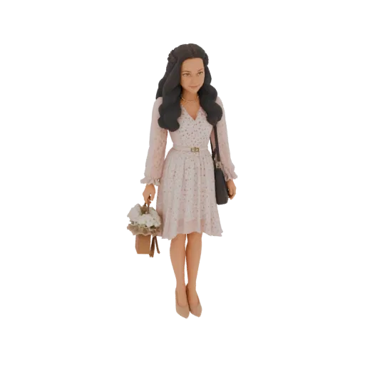 3D model of an elegant woman in a light pink dress, holding a bouquet of white flowers and a black handbag.