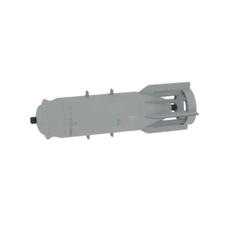 3D model of a light gray, cylindrical WWII era bomb with a rounded nose and a finned tail, viewed from the side.