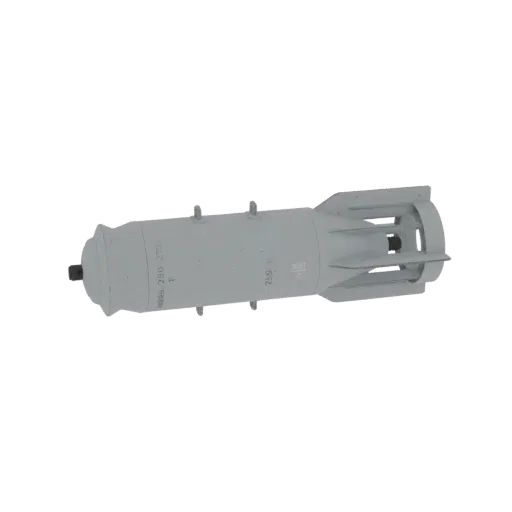 3D model of a light gray, cylindrical WWII era bomb with a rounded nose and a finned tail, viewed from the side.