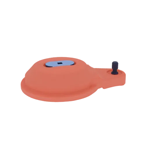 3D render of an orange anchor cup plastic housing with a blue insert and a screw.