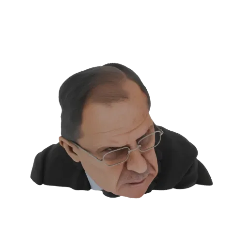 3D model render of a man wearing a suit and glasses, looking downwards with a serious expression.