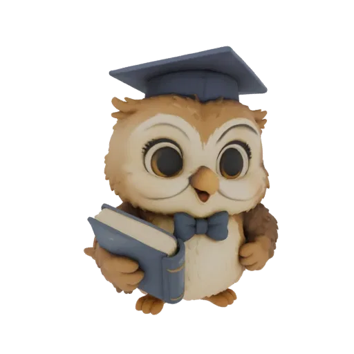 3D model of a cute cartoon owl wearing a blue graduation cap and holding a blue book.