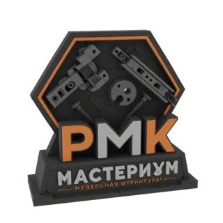 3D render of a hexagonal plaque with the 'PMK MACTEPИУM' logo, featuring detailed tools like hinges and screws.