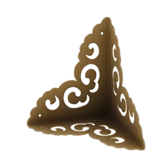 A 3D render of a vintage-style corner protector with ornate filigree cutouts, shown from an angled perspective against a whit