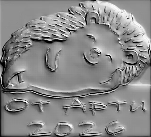 3D model of hedgehog bas-relief with "OT ARTI 2026" inscription, rendered in grey, with sharp lines and volumetric details.