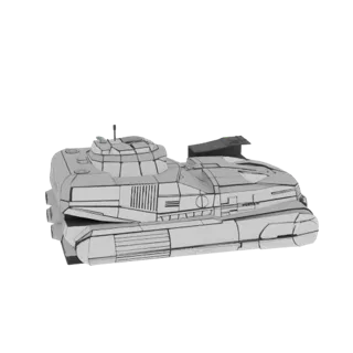 Modello 3D di un hovertank futuristico con una torretta prominente e corazza angolare, mostrato con una sovrapposizione wiref