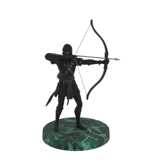 Miniatura STL de Elfo Ranger Medieval Apuntando, render de mesa a tres cuartos, miniatura de escaramuza imprimible en resina