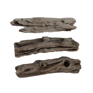 A 3D render of three distinct, weathered driftwood logs arranged vertically against a white background.